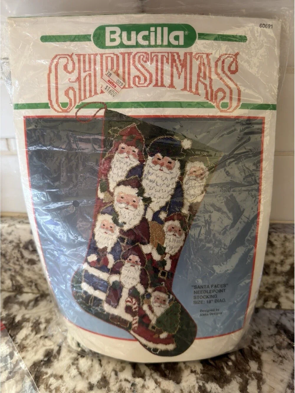 Bucilla Christmas Needlepoint Stocking Kit Santa Faces 60691 Opened